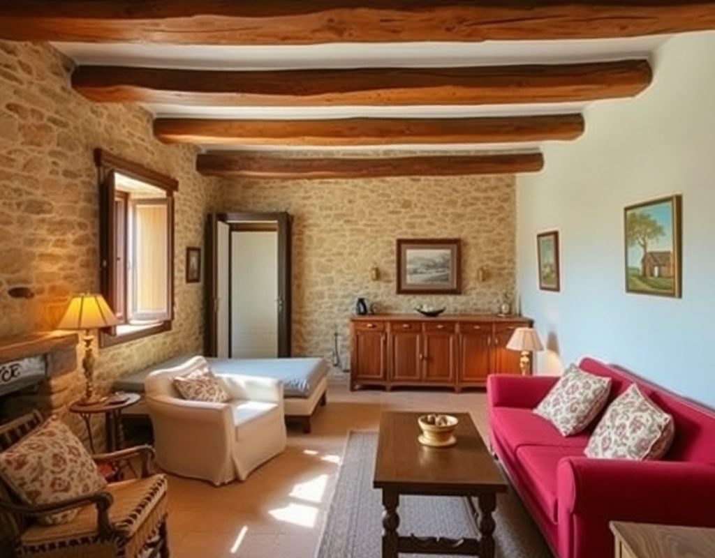 Interior de Les Clotas amb parets de pedra i bigues de fusta